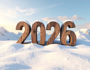 Wooden 2026 text with snowy landscape backdrop