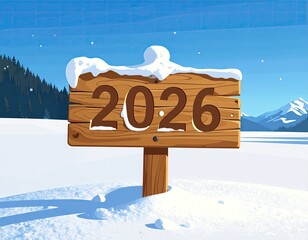 Wooden sign indicating the year 2026 in a snowy winter landscape