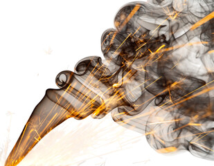 Abstract dark smoke plume, swirling gray vapor with vibrant golden sparks and fiery light trails, creating an, isolated on transparent background