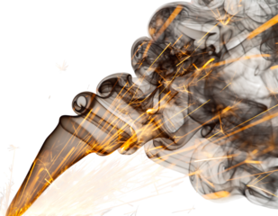 Abstract dark smoke plume, swirling gray vapor with vibrant golden sparks and fiery light trails, creating an, isolated on transparent background