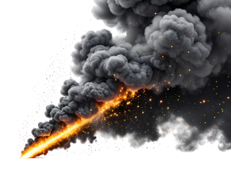 Dynamic explosion of dark smoke billowing intensely, featuring a vibrant orange fiery streak and glittering, isolated on transparent background