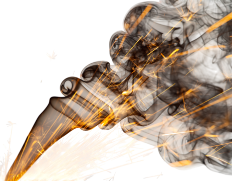 Abstract dark smoke plume, swirling gray vapor with vibrant golden sparks and fiery light trails, creating an, isolated on transparent background