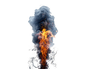 Powerful eruption of dark grey smoke billowing intensely with vibrant orange flames, emitting bright glowing, isolated on transparent background