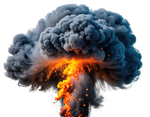 Explosion cloud of dense dark smoke billowing, vibrant fiery inferno bursting from core, scattered golden sparks,, isolated on transparent background