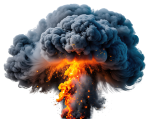 Explosion cloud of dense dark smoke billowing, vibrant fiery inferno bursting from core, scattered golden sparks,, isolated on transparent background