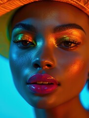 Portrait of a radiant woman with glowing skin, vibrant makeup, and an artistic use of color showcasing beauty in a modern and energetic setting, against a colorful background