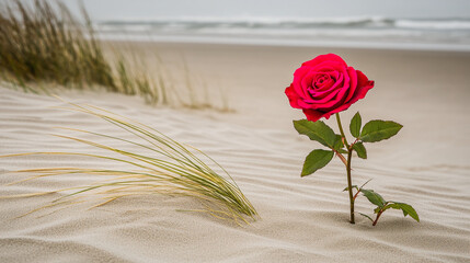 A solitary red rose standing tall in the sand on a desolate beach against an overcast sky and ocean waves