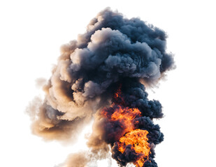 Dramatic photography of a colossal, dark, dense plume of smoke billowing with vibrant orange and yellow flames,, isolated on transparent background
