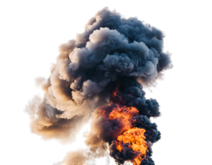 Dramatic photography of a colossal, dark, dense plume of smoke billowing with vibrant orange and yellow flames,, isolated on transparent background