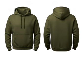 Olive green hoodie sweatshirt front and back view apparel clothing fashion design mockup template isolated on transparent background