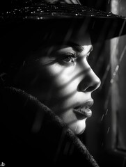 Profile of a Beautiful Woman in Dramatic Black and White with Raindrops Highlighting Feminine Features and Shadows Cast from a Window