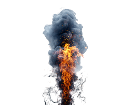 Powerful eruption of dark grey smoke billowing intensely with vibrant orange flames, emitting bright glowing, isolated on transparent background