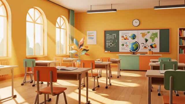 A vibrant, sunny classroom with arched windows, desks, and a world map on the chalkboard