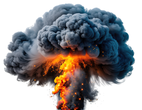 Explosion cloud of dense dark smoke billowing, vibrant fiery inferno bursting from core, scattered golden sparks,, isolated on transparent background - Powered by Adobe