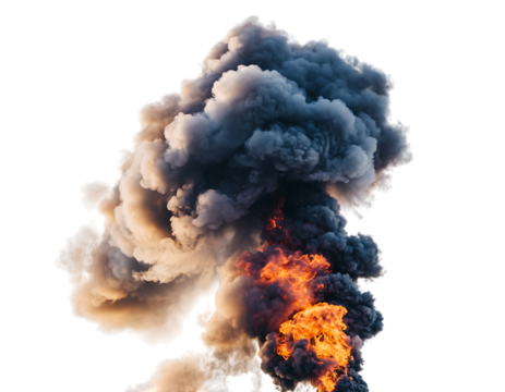 Dramatic photography of a colossal, dark, dense plume of smoke billowing with vibrant orange and yellow flames,, isolated on transparent background