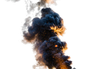 Voluminous dark smoke plume with intense fiery orange and yellow glowing sparks and embers bursting upwards,, isolated on transparent background