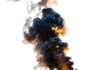 Voluminous dark smoke plume with intense fiery orange and yellow glowing sparks and embers bursting upwards,, isolated on transparent background