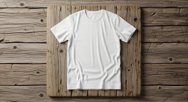 White T Shirt Mockup on Rustic Wooden Board and Plank Background blank t shirt