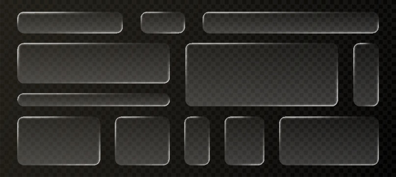 Glass liquid ui button set with transparent 3d effect - rectangle frame box elements in various sizes and proportions, glossy morphism style borders for modern interface design on dark background.