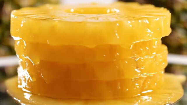Delicious Stacked Pineapple Rings with Syrup Drizzled on Top.