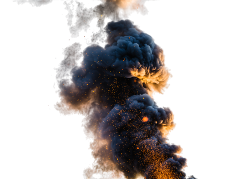 Voluminous dark smoke plume with intense fiery orange and yellow glowing sparks and embers bursting upwards,, isolated on transparent background