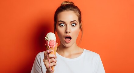 Surprised woman with wide eyes holding melting ice cream cone against a vibrant orange background