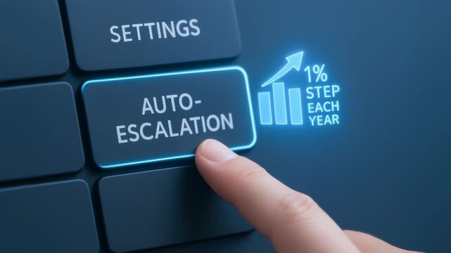 Auto escalation settings on keyboard with finger pressing for time value increase step in business finance technology retirement growth concept
