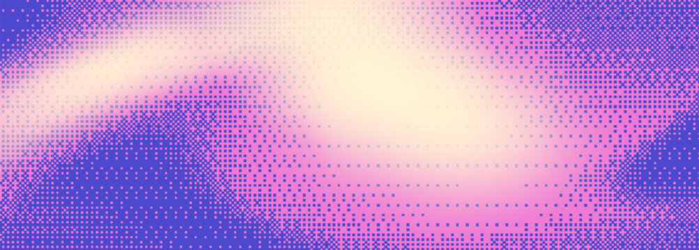 Neon pixel texture background with gradient purple and orange wave pattern. Retro bitmap dither effect with dot grain for game design. Vibrant 8bit glitch art with geometric halftone overlay.