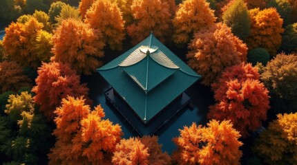 Modern geometric building surrounded by vibrant autumn forest