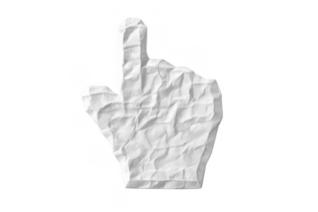 Crumpled paper hand cursor icon pointing, showing selection or click, digital interface element on transparent background