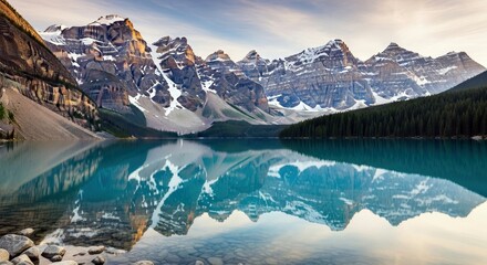 A stunning landscape of majestic mountains with snow-capped peaks reflected in the serene turquoise waters of Lake Moraine, Banff National Park, Canada, at sunr