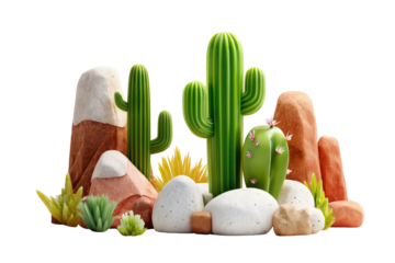 Desert scene with stylized cacti, rocks, and plants on a transparent background
