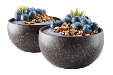 Two ceramic bowls filled with a purplish food, granola, and blueberries, garnished