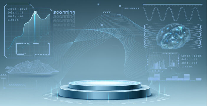 Futuristic science lab with round podium and brain hologram. Vector realistic illustration of sci-fi medical laboratory, data scanning diagrams and charts in neon blue HUD frames, smart AI technology