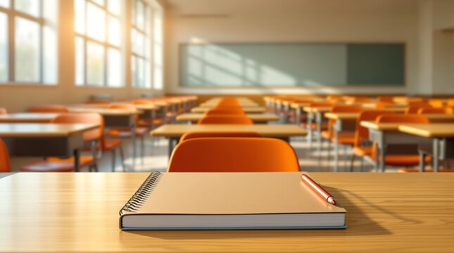Classroom interior with desks and chairs, school notebook and pencil, back to school education concept