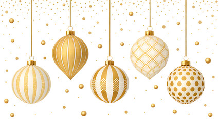 Elegant gold and white christmas ornaments hanging against a sparkly black background
