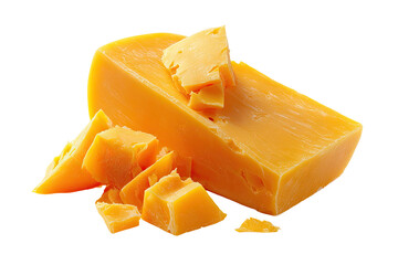 Block of orange-yellow dairy product with scattered, irregularly-shaped pieces, on a transparent background