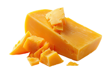 Block of orange-yellow dairy product with scattered, irregularly-shaped pieces, on a transparent background