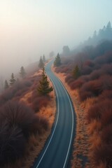 Winding road through misty autumn forest at sunrise
