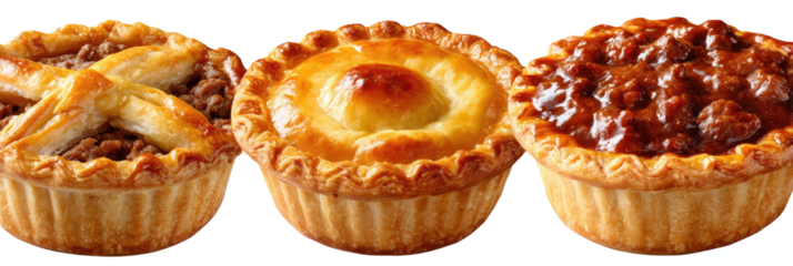 Three mini pies, one with lattice crust, one solid-topped, and one open-faced with a filling