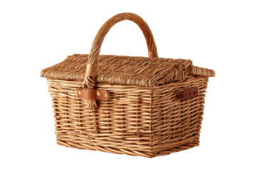 Close-up of a classic, woven wicker picnic basket with a lid and arched handle