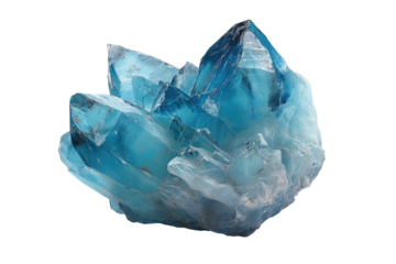 A close-up of a cluster of translucent, blue crystal formations against a black background