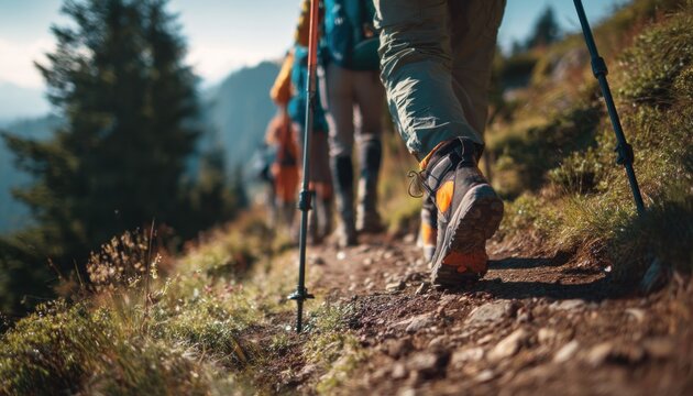 Group of hikers navigating a scenic mountain trail, with one member adjusting trekking pole for better stability and support during the outdoor adventure