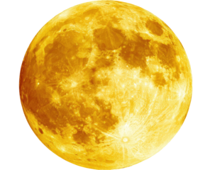 A bright, detailed full moon rendered with golden and amber hues against a black backdrop