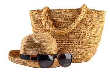Summer essentials - a straw hat, sunglasses, and woven tote bag sit against a black background