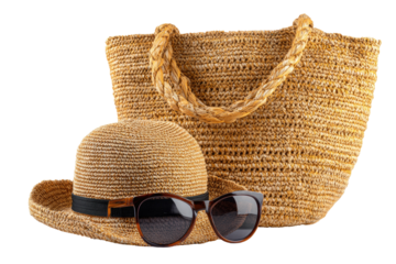 Summer essentials - a straw hat, sunglasses, and woven tote bag sit against a black background