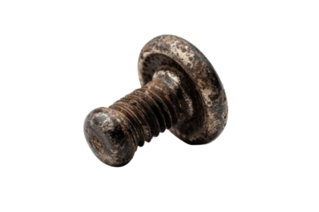 Close-up of a weathered, metallic screw with a round, grooved head. Isolated on black