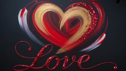 Abstract heart shape with red gold and white brushstrokes a romantic design element for Valentines Day and love concepts