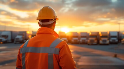 Trucking industry worker in safety gear overseeing fleet management at sunset for logistics and transport