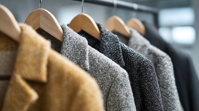 Row of winter coats and jackets hanging on a clothing rack